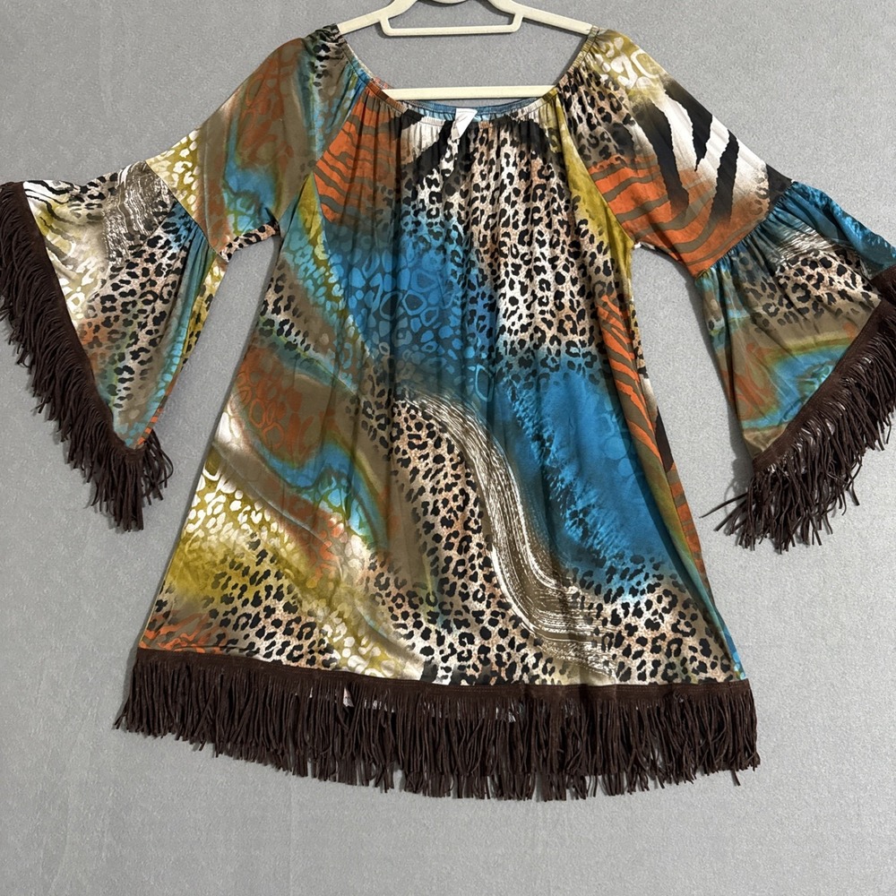 Vtg Y2K Dress Boho Asymmetrical Bell Sleeve Fringe Hem Western Tunic‎ Mini Top L